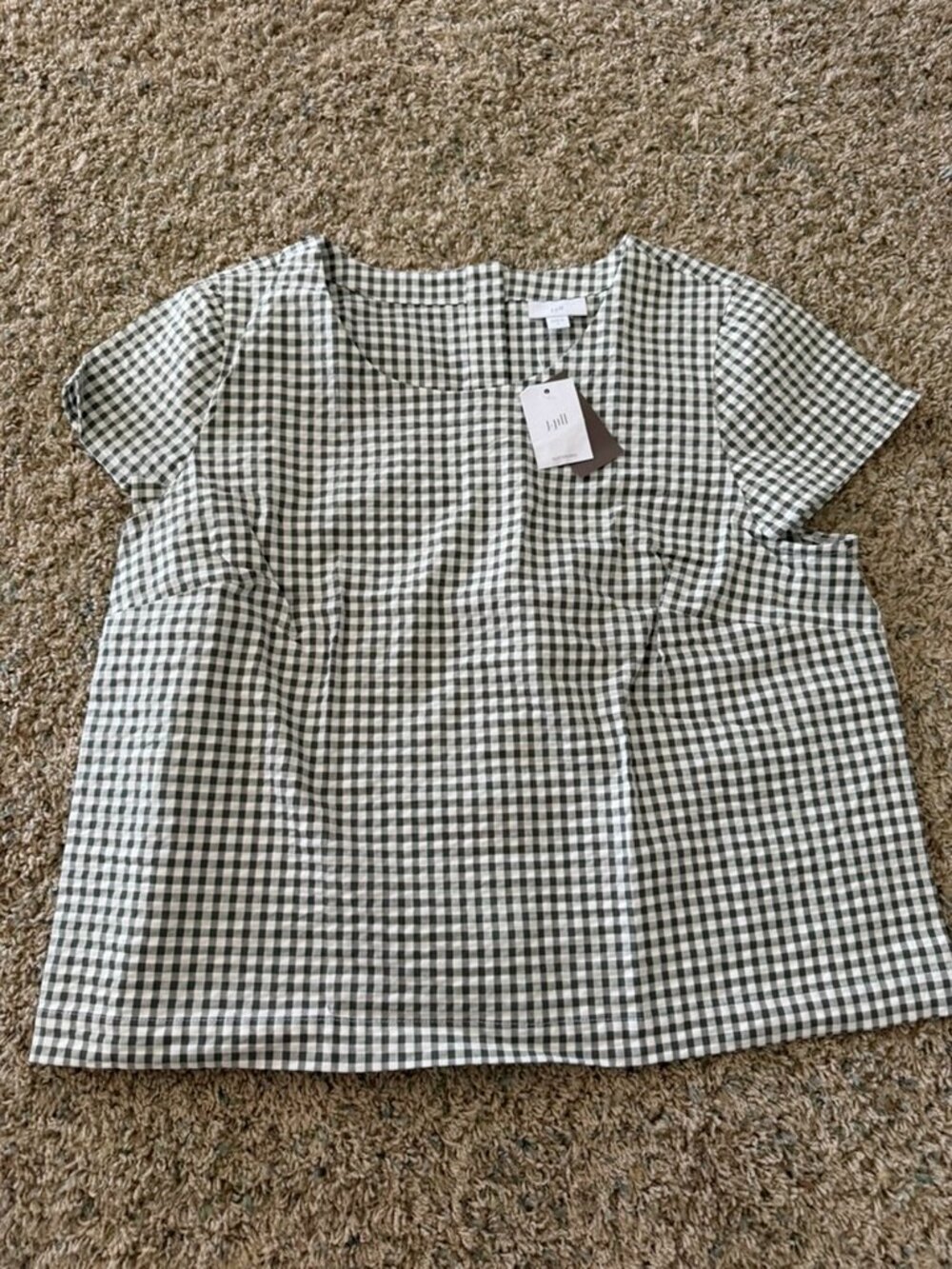 J.Jill Gingham Check Button-Back Short Sleeve Shirt Blouse Green White Sz L NWT
